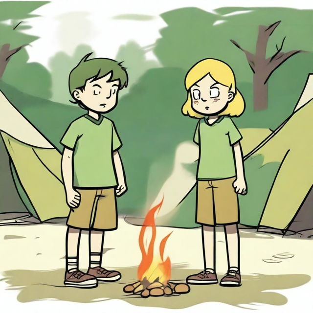 A boy and a girl in summer camp, wearing summer uniforms and having green eyes, are looking at each other with anger