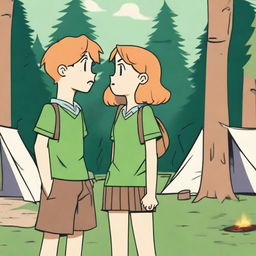 A boy and a girl in summer camp, wearing summer uniforms and having green eyes, are looking at each other with anger