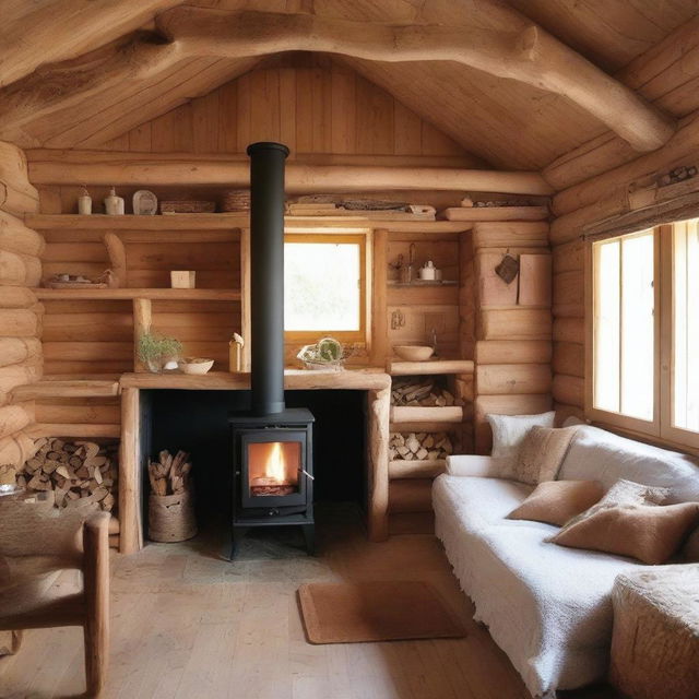 Diseñar el interior de una cabaña de madera con una recámara en el ático