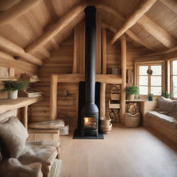 Diseñar el interior de una cabaña de madera con una recámara en el ático