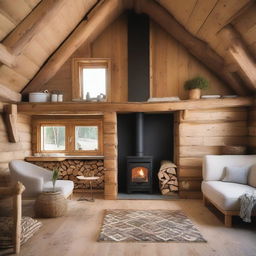 Diseñar el interior de una cabaña de madera con una recámara en el ático