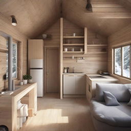 Interior design of a 4x6 meter cabin featuring an open kitchen, living room, and bathroom