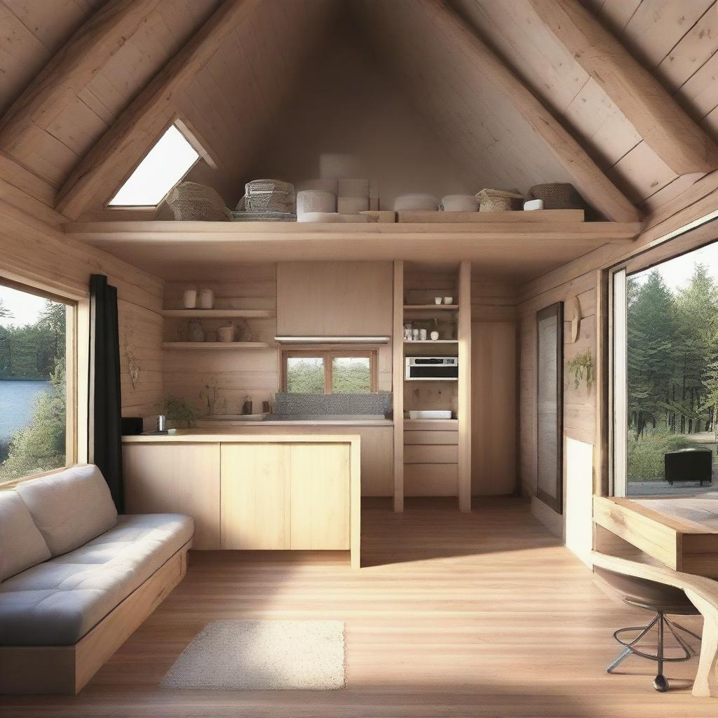 Interior design of a 4x6 meter cabin featuring an open kitchen, living room, and bathroom