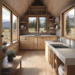 Interior design of a 4x6 meter cabin featuring an open kitchen, living room, and bathroom