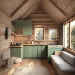 Interior design of a 4x6 meter cabin featuring an open kitchen, living room, and bathroom