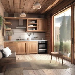 Create the interior layout of a cozy cabin measuring 6x4 meters, including a kitchen, dining area, living room, and bathroom