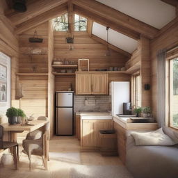 Create the interior layout of a cozy cabin measuring 6x4 meters, including a kitchen, dining area, living room, and bathroom