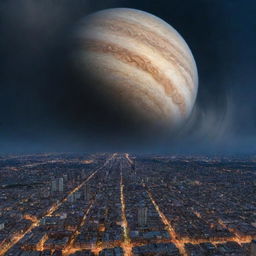 A bustling cityscape under a twilight sky, and above, the planet Jupiter hovers majestically, its stormy bands and majestic swirling vortex visible