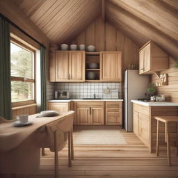 Create the interior layout of a cozy cabin measuring 6x4 meters, including a kitchen, dining area, living room, and bathroom