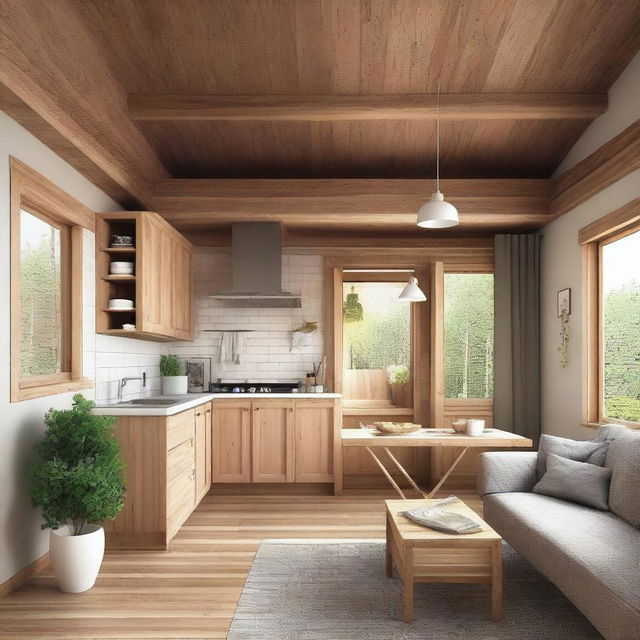 Create the interior layout of a cozy cabin measuring 6x4 meters, including a kitchen, dining area, living room, and bathroom