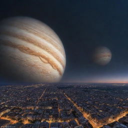 A bustling cityscape under a twilight sky, and above, the planet Jupiter hovers majestically, its stormy bands and majestic swirling vortex visible