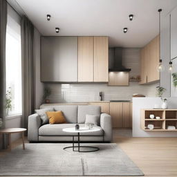 Create the interior layout of a 6x4 meter open-concept space that includes a living room, open kitchen, bathroom, and bedroom all in the same area