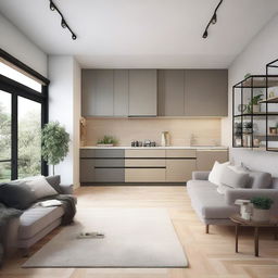 Create the interior layout of a 6x4 meter open-concept space that includes a living room, open kitchen, bathroom, and bedroom all in the same area