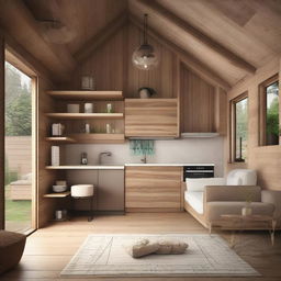 Create the interior layout of a 6x5 meter cabin with an open-concept space that includes a living room, open kitchen, bathroom, and bedroom all in the same area