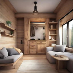 Create the interior layout of a 6x5 meter cabin with an open-concept space that includes a living room, open kitchen, bathroom, and bedroom all in the same area