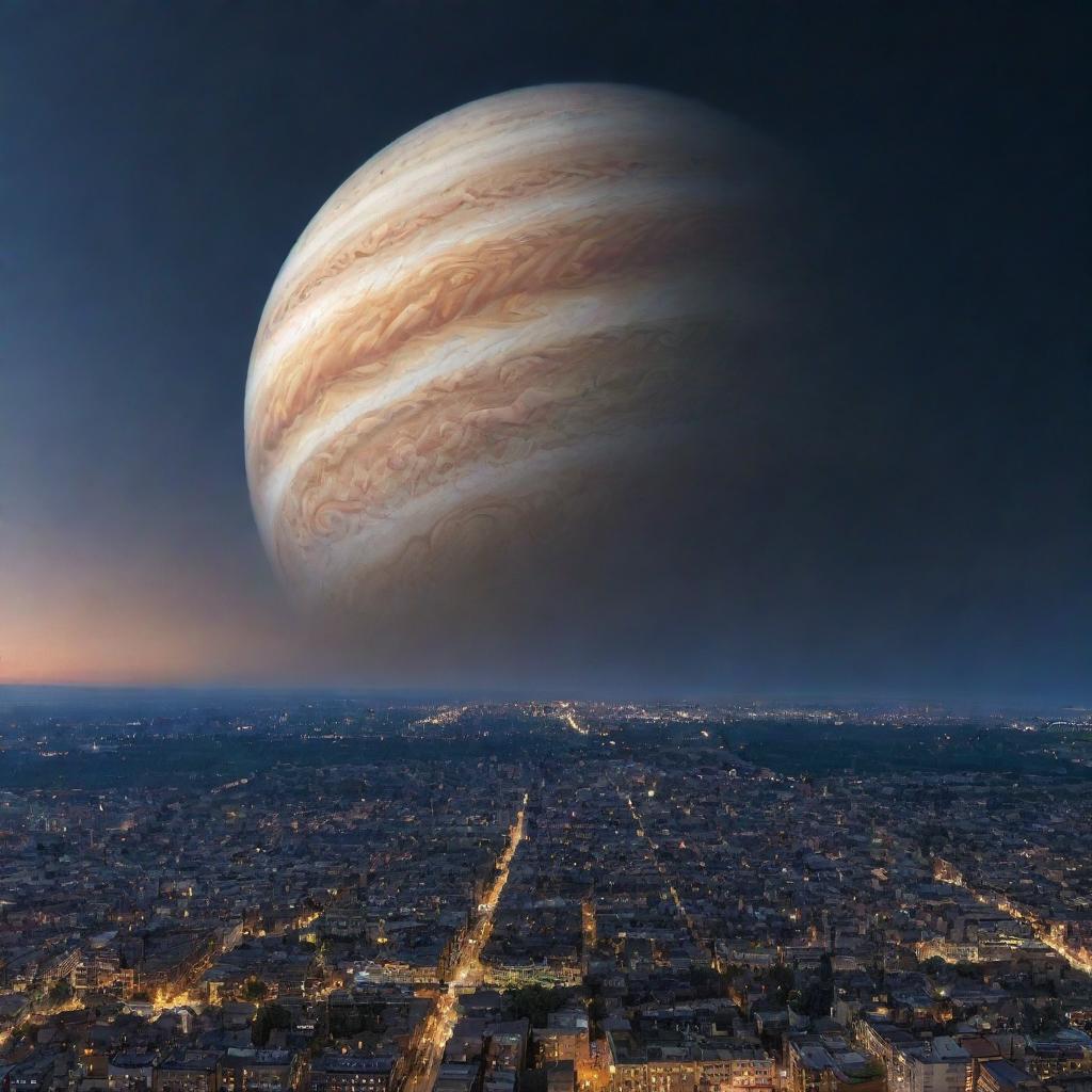 A bustling cityscape under a twilight sky, and above, the planet Jupiter hovers majestically, its stormy bands and majestic swirling vortex visible