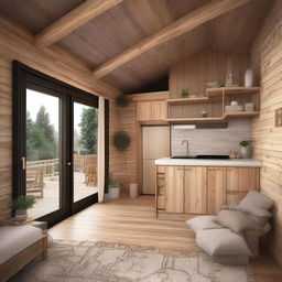 Create the interior layout of a 6x5 meter cabin with an open-concept space that includes a living room, open kitchen, bathroom, and bedroom all in the same area