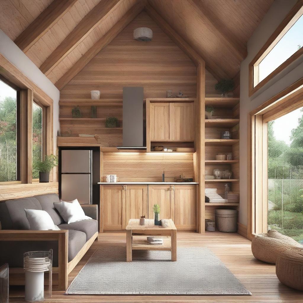 Create the interior layout of a 6x5 meter cabin with an open-concept space that includes a living room, open kitchen, bathroom, and bedroom all in the same area