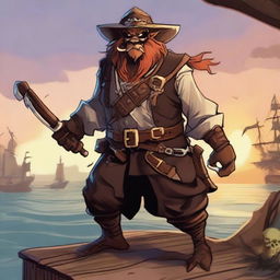 A bugbear level 10 bard/warlock with a pirate theme, wearing a breastplate, carrying a longbow, and wielding a shortsword