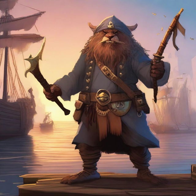 A bugbear level 10 bard/warlock with a pirate theme, wearing a breastplate, carrying a longbow, and wielding a shortsword