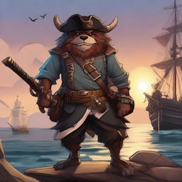 A bugbear level 10 bard/warlock with a pirate theme, wearing a breastplate, carrying a longbow, and wielding a shortsword