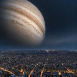 A bustling cityscape under a twilight sky, and above, the planet Jupiter hovers majestically, its stormy bands and majestic swirling vortex visible