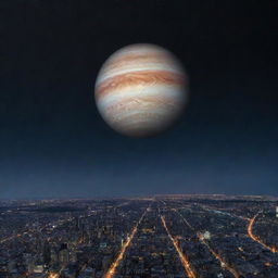 A first-person view of a bustling city under a starry twilight skyline. In the vast expanse above, the planet Jupiter looms, showcasing its stormy stripes and the iconic Great Red Spot