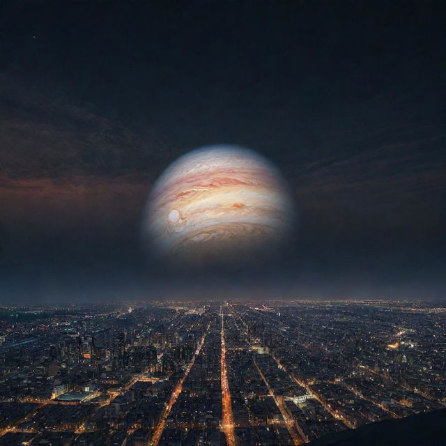 A first-person view of a bustling city under a starry twilight skyline. In the vast expanse above, the planet Jupiter looms, showcasing its stormy stripes and the iconic Great Red Spot