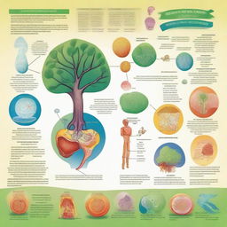 An educational illustration for secondary school students, depicting various biology concepts