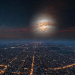 A first-person view of a bustling city under a starry twilight skyline. In the vast expanse above, the planet Jupiter looms, showcasing its stormy stripes and the iconic Great Red Spot