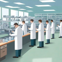 A realistic image of a laboratory filled with scientists and researchers