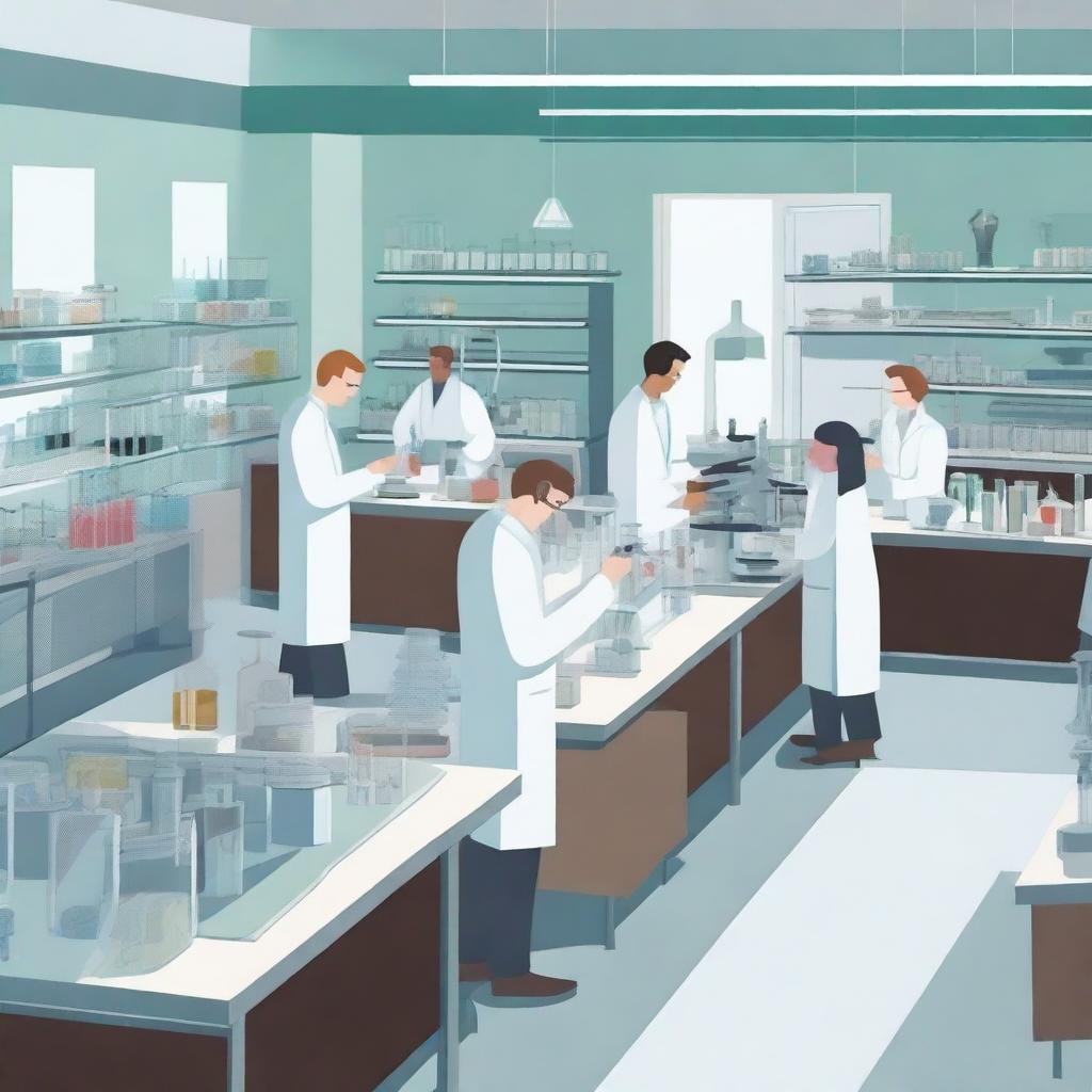 A realistic image of a laboratory filled with scientists and researchers