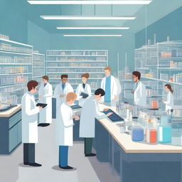 A realistic image of a laboratory filled with scientists and researchers