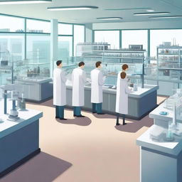 A realistic image of a laboratory filled with scientists and researchers