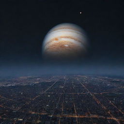 A first-person view of a bustling city under a starry twilight skyline. In the vast expanse above, the planet Jupiter looms, showcasing its stormy stripes and the iconic Great Red Spot