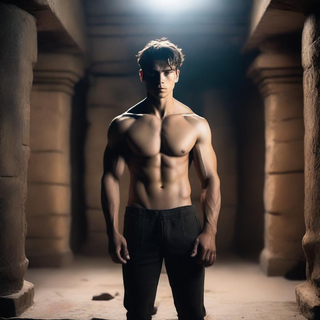 A sexy athletic young man, shirtless, standing in an underground chamber