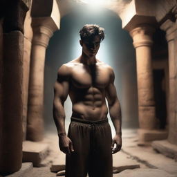 A sexy athletic young man, shirtless, standing in an underground chamber