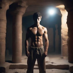 A sexy athletic young man, shirtless, standing in an underground chamber