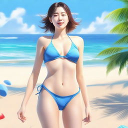 A realistic depiction of a female character who is sweaty and wearing a bikini