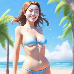 A realistic depiction of a female character who is sweaty and wearing a bikini