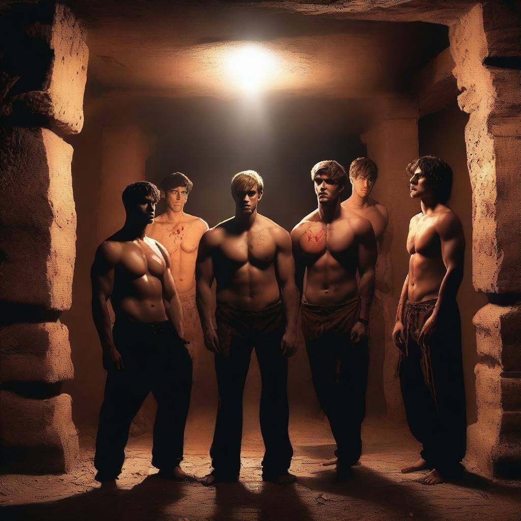 A group of sexy athletic young men, shirtless, standing in an underground chamber