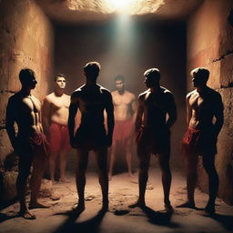 A group of sexy athletic young men, shirtless, standing in an underground chamber