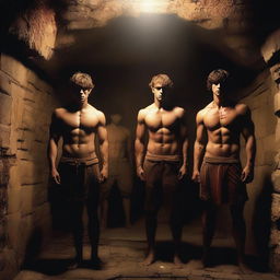 A group of sexy athletic young men, shirtless, standing in an underground chamber