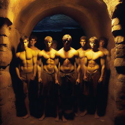 A group of sexy athletic young men, shirtless, standing in an underground chamber