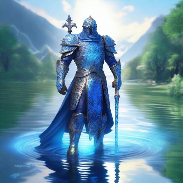 A majestic water paladin standing by a serene lake, clad in shimmering blue armor with intricate wave patterns