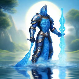 A majestic water paladin standing by a serene lake, clad in shimmering blue armor with intricate wave patterns