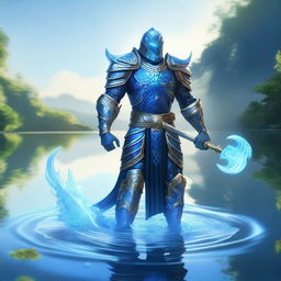 A majestic water paladin standing by a serene lake, clad in shimmering blue armor with intricate wave patterns