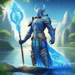 A majestic water paladin standing by a serene lake, clad in shimmering blue armor with intricate wave patterns