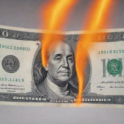 A realistic image of a money bill experiencing the slow, searing kiss of a bright orange flame, bringing a crisp texture to its once smooth surface.