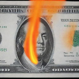 A realistic image of a money bill experiencing the slow, searing kiss of a bright orange flame, bringing a crisp texture to its once smooth surface.